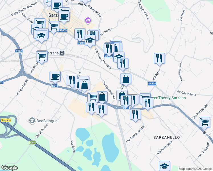 map of restaurants, bars, coffee shops, grocery stores, and more near 33 Via Mazzincollo in Sarzana