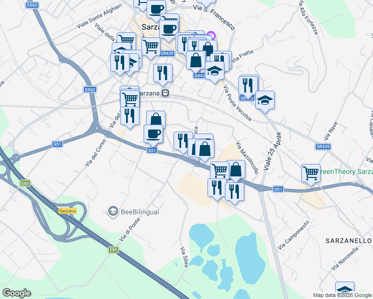 map of restaurants, bars, coffee shops, grocery stores, and more near 51 Via Crociata in Sarzana
