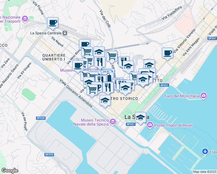 map of restaurants, bars, coffee shops, grocery stores, and more near 138 Via del Prione in La Spezia