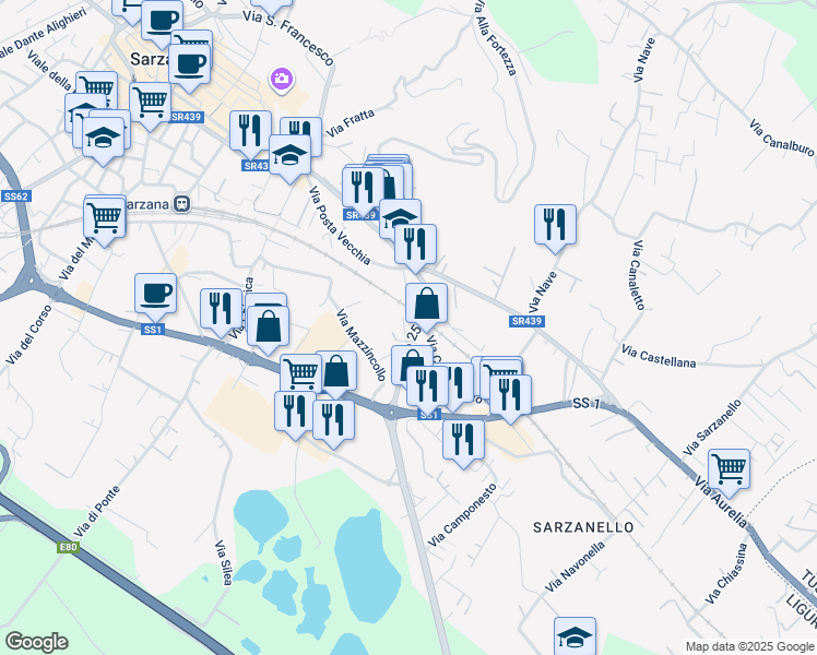 map of restaurants, bars, coffee shops, grocery stores, and more near 8 Viale 25 Aprile in Sarzana