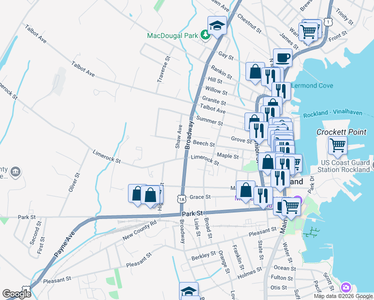 map of restaurants, bars, coffee shops, grocery stores, and more near Broadway in Rockland