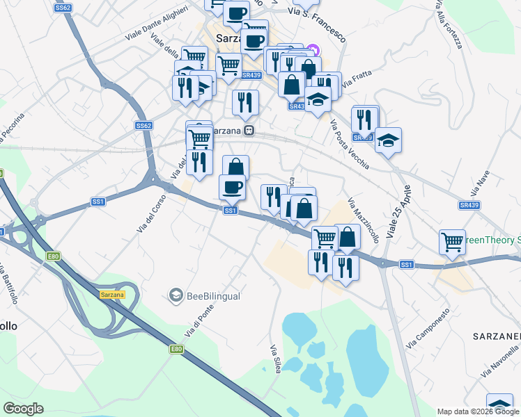map of restaurants, bars, coffee shops, grocery stores, and more near 51 Via della Crociata in Sarzana