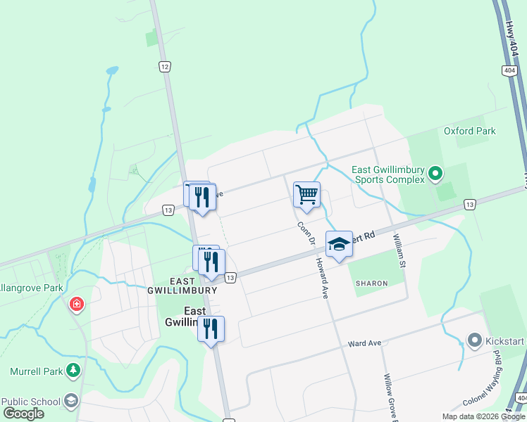 map of restaurants, bars, coffee shops, grocery stores, and more near 29 Sharon Boulevard in East Gwillimbury