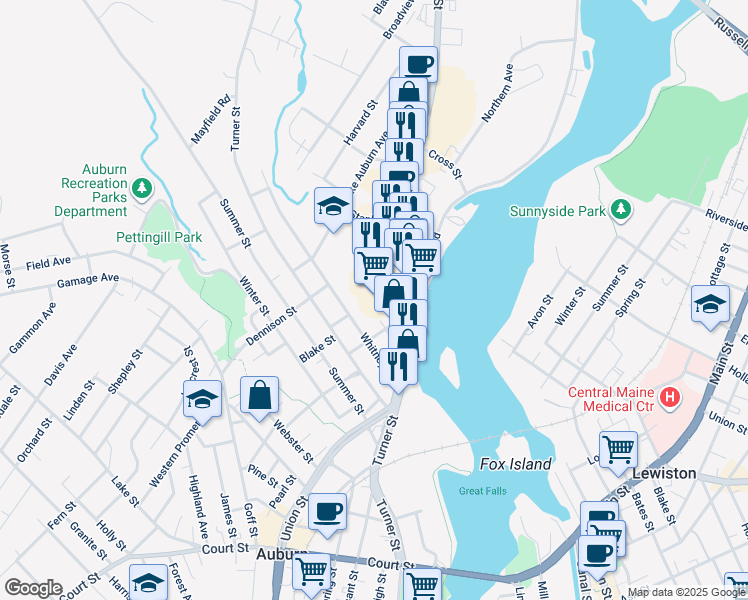 map of restaurants, bars, coffee shops, grocery stores, and more near 120 Center Street in Auburn