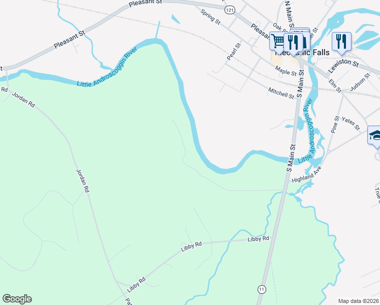 map of restaurants, bars, coffee shops, grocery stores, and more near 100 Riverside Drive in Mechanic Falls