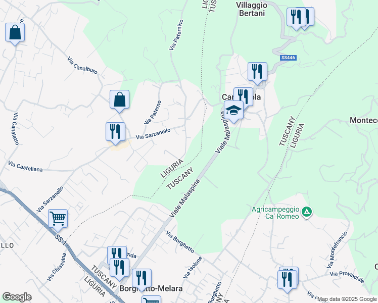 map of restaurants, bars, coffee shops, grocery stores, and more near 372 Via Sarzanello in Sarzana