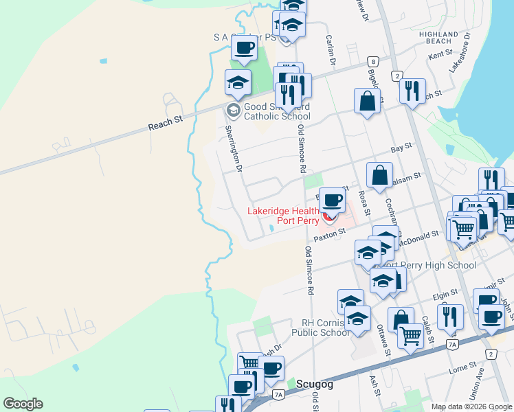 map of restaurants, bars, coffee shops, grocery stores, and more near 76 Chimney Hill Way in Scugog