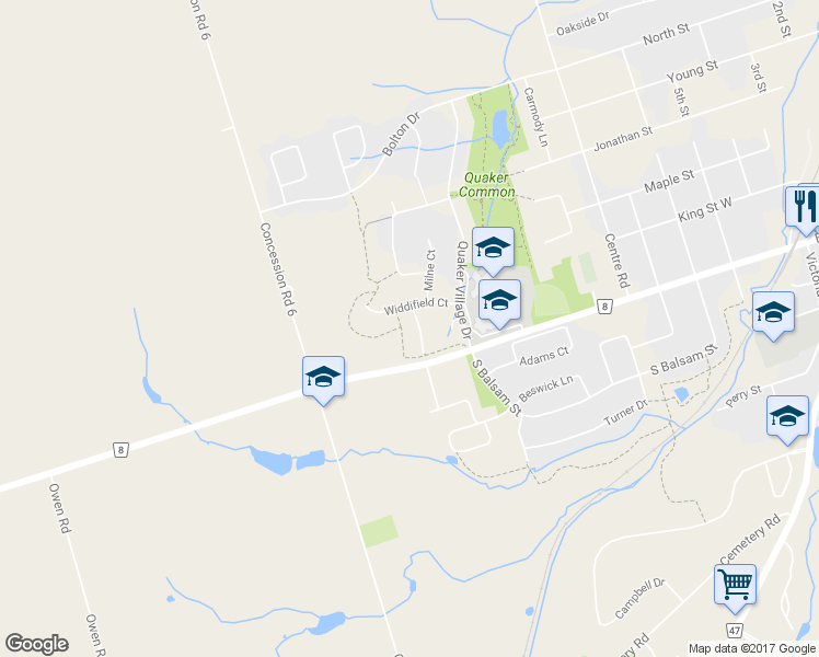 map of restaurants, bars, coffee shops, grocery stores, and more near 16 Wheler Court in Uxbridge