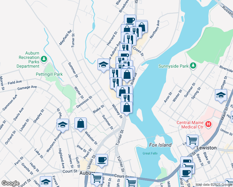 map of restaurants, bars, coffee shops, grocery stores, and more near 120 Center Street in Auburn