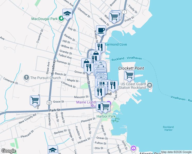 map of restaurants, bars, coffee shops, grocery stores, and more near 488 Main Street in Rockland