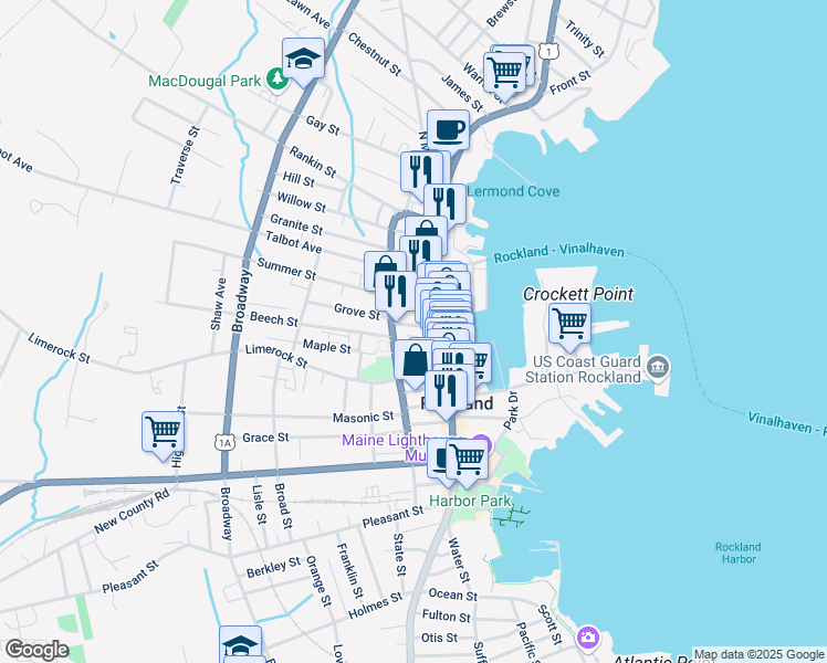 map of restaurants, bars, coffee shops, grocery stores, and more near 17 Lindsey Street in Rockland