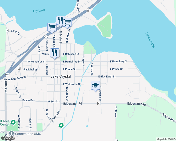 map of restaurants, bars, coffee shops, grocery stores, and more near 410 East Prince Street in Lake Crystal