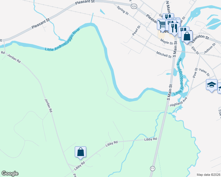 map of restaurants, bars, coffee shops, grocery stores, and more near 100 Riverside Drive in Mechanic Falls