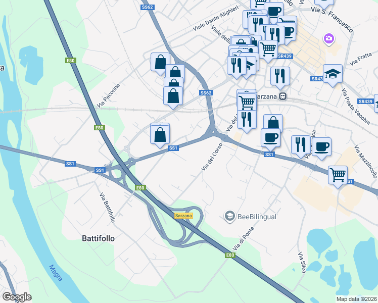 map of restaurants, bars, coffee shops, grocery stores, and more near Via Variante Aurelia in Sarzana