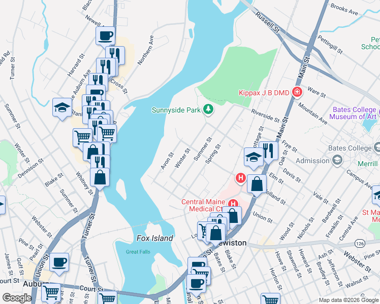 map of restaurants, bars, coffee shops, grocery stores, and more near 75 Winter Street in Lewiston