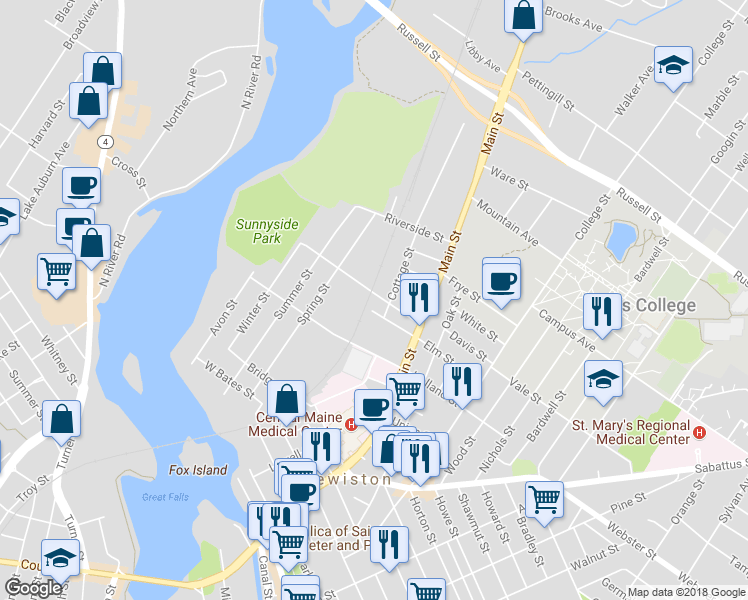 map of restaurants, bars, coffee shops, grocery stores, and more near 44 Whipple St in Lewiston
