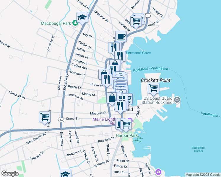 map of restaurants, bars, coffee shops, grocery stores, and more near 17 Lindsey Street in Rockland