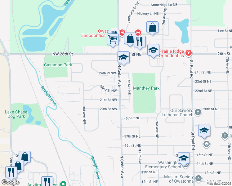 map of restaurants, bars, coffee shops, grocery stores, and more near 107 22nd Street Northwest in Owatonna