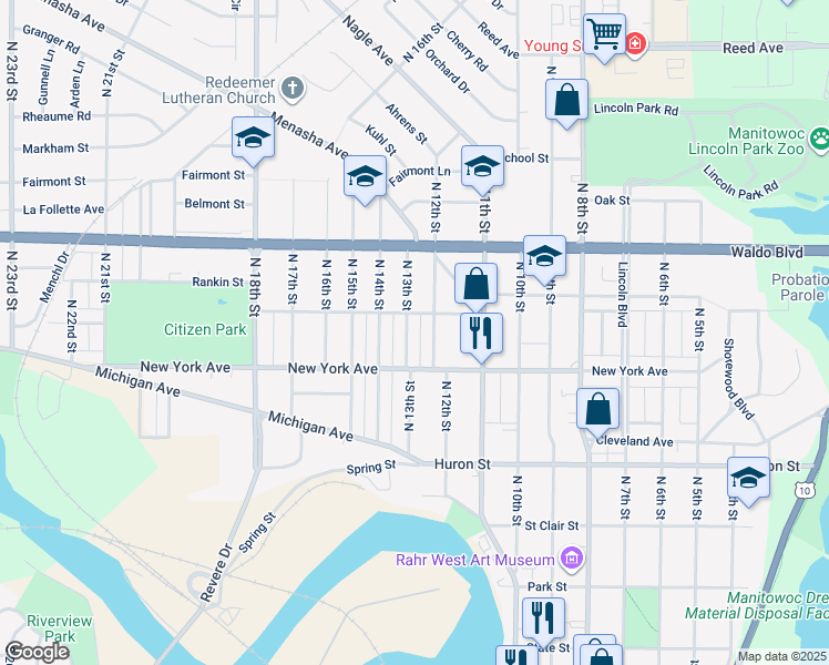 map of restaurants, bars, coffee shops, grocery stores, and more near 927 North 13th Street in Manitowoc