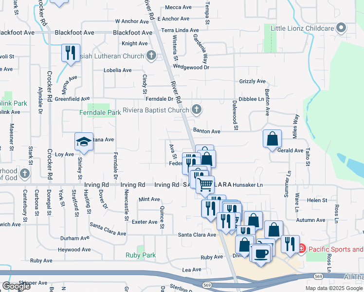 map of restaurants, bars, coffee shops, grocery stores, and more near 2910 River Road in Eugene