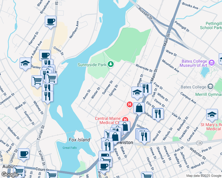 map of restaurants, bars, coffee shops, grocery stores, and more near 94 Spring Street in Lewiston