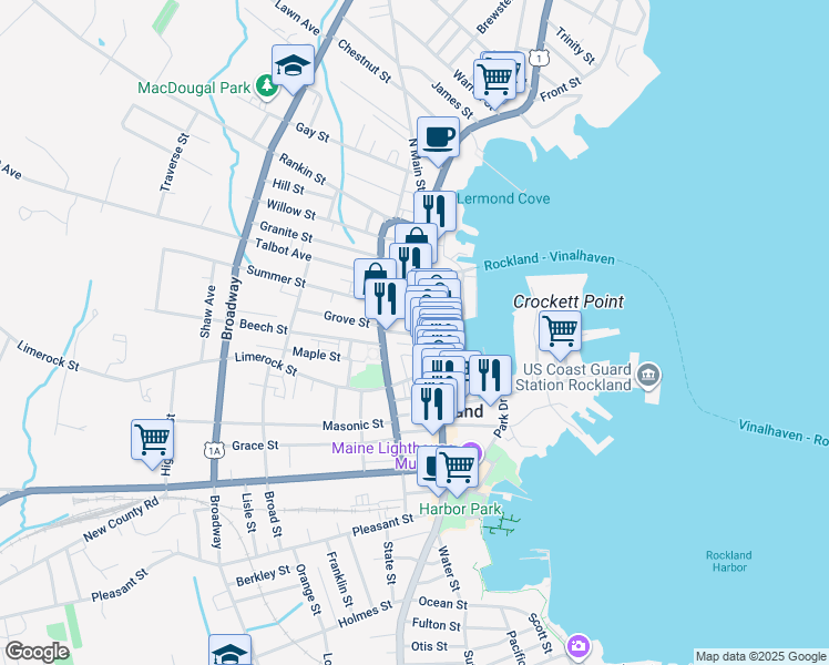 map of restaurants, bars, coffee shops, grocery stores, and more near 488 Main Street in Rockland
