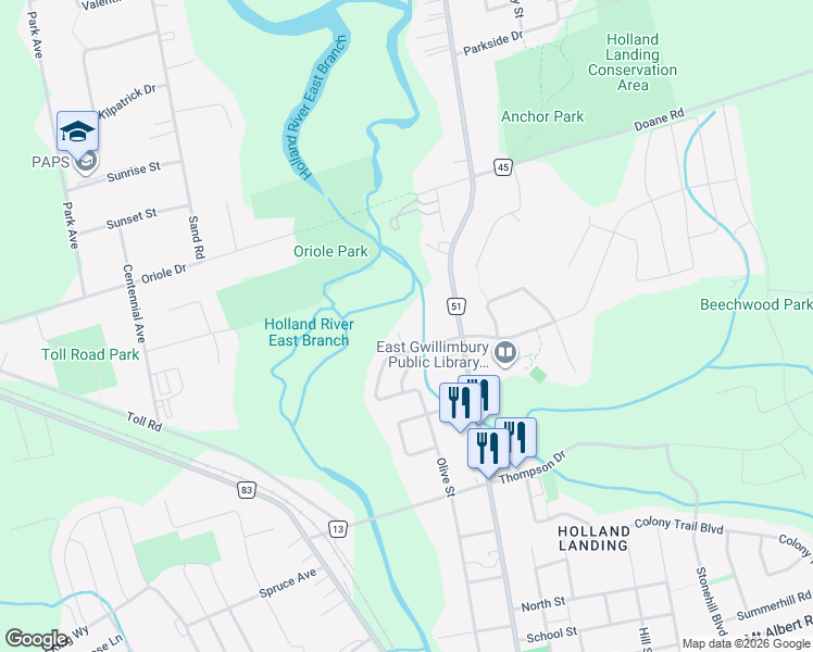 map of restaurants, bars, coffee shops, grocery stores, and more near in East Gwillimbury