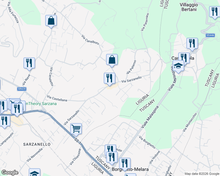 map of restaurants, bars, coffee shops, grocery stores, and more near 226B Via Sarzanello in Sarzana