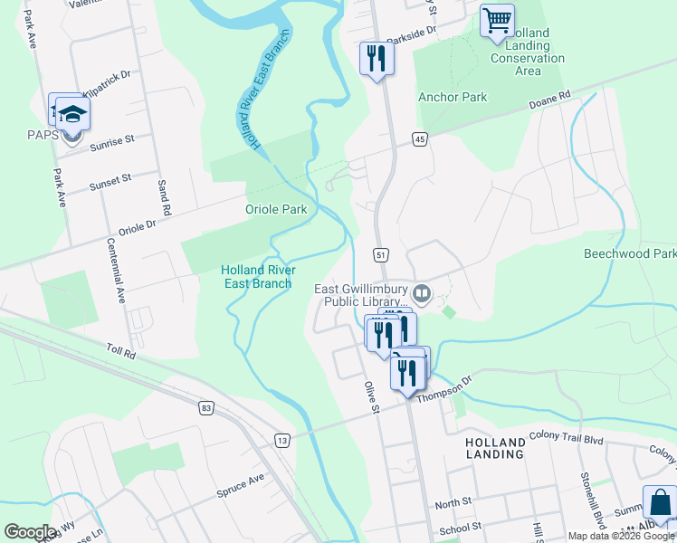 map of restaurants, bars, coffee shops, grocery stores, and more near 166 Olive Street in East Gwillimbury