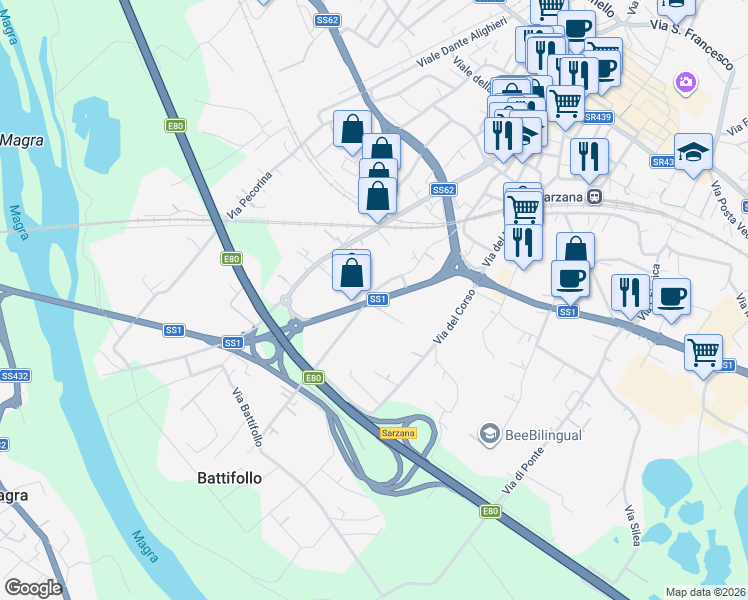 map of restaurants, bars, coffee shops, grocery stores, and more near 39 Via Aurelia in Sarzana