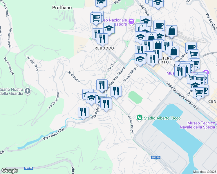 map of restaurants, bars, coffee shops, grocery stores, and more near 58 Viale Nazario Sauro in La Spezia