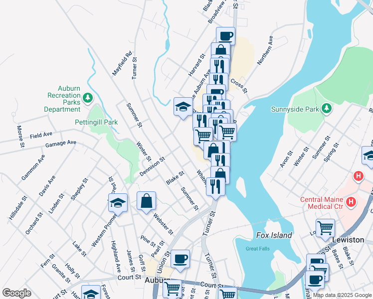 map of restaurants, bars, coffee shops, grocery stores, and more near 95 Whitney Street in Auburn