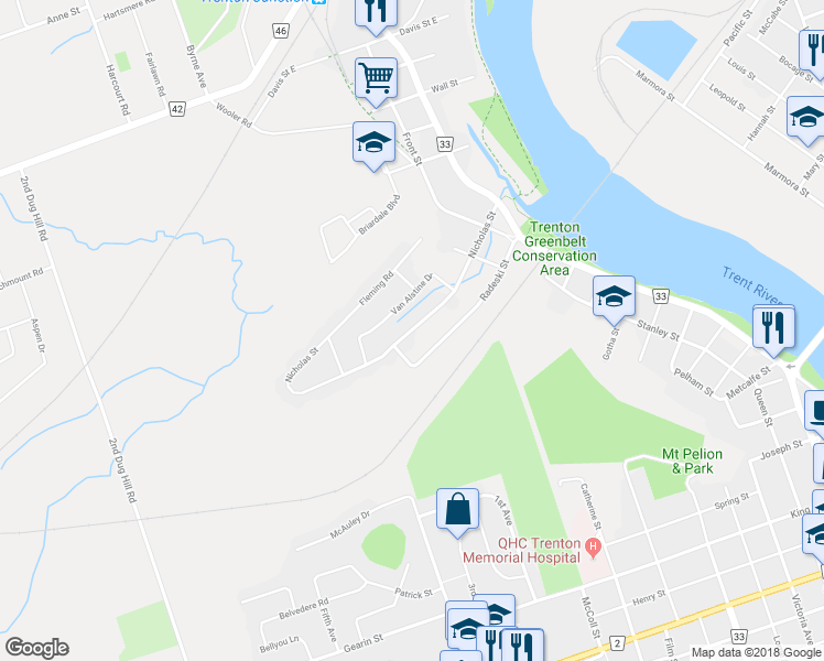 map of restaurants, bars, coffee shops, grocery stores, and more near Nicholas Street in Quinte West