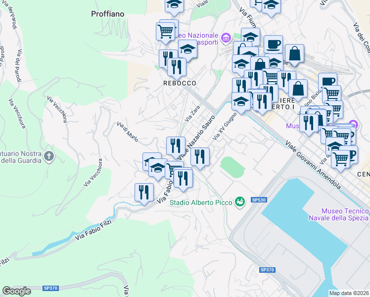 map of restaurants, bars, coffee shops, grocery stores, and more near 58 Viale Nazario Sauro in La Spezia