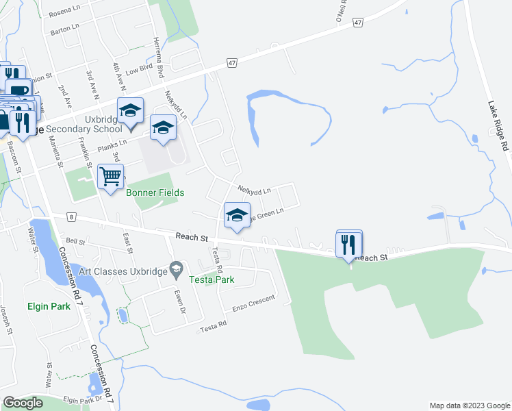 map of restaurants, bars, coffee shops, grocery stores, and more near 4 Millbury Road in Uxbridge