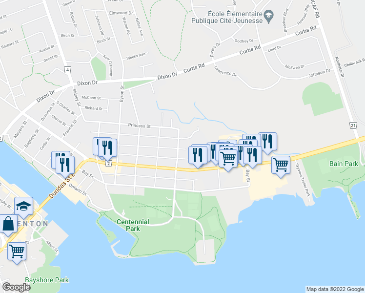 map of restaurants, bars, coffee shops, grocery stores, and more near 100 Crown Street in Quinte West