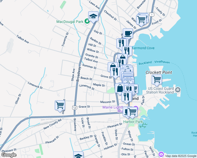 map of restaurants, bars, coffee shops, grocery stores, and more near 35 Beech Street in Rockland
