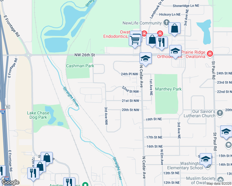 map of restaurants, bars, coffee shops, grocery stores, and more near 181 22nd Street Northwest in Owatonna