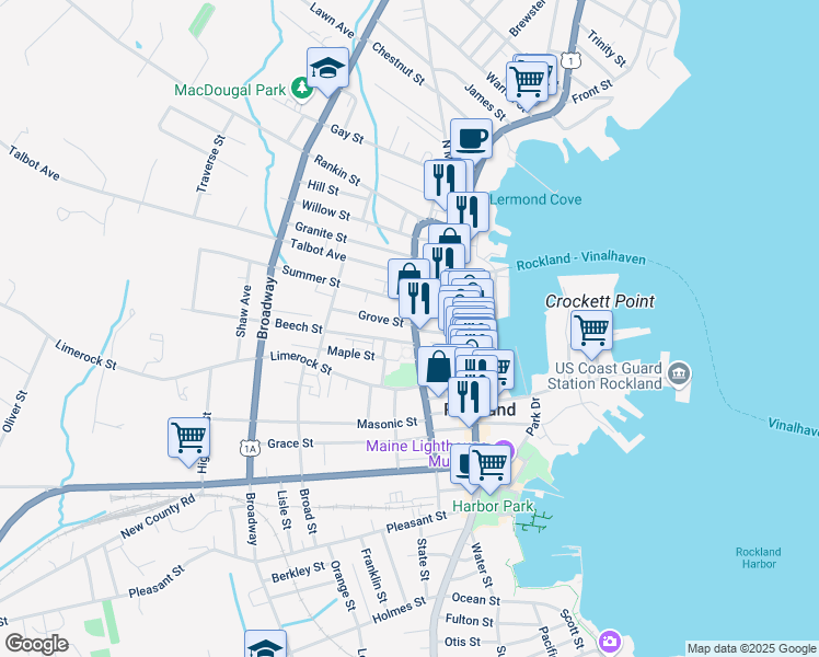 map of restaurants, bars, coffee shops, grocery stores, and more near 17 Lindsey Street in Rockland