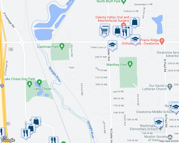map of restaurants, bars, coffee shops, grocery stores, and more near 181 22nd Street Northwest in Owatonna