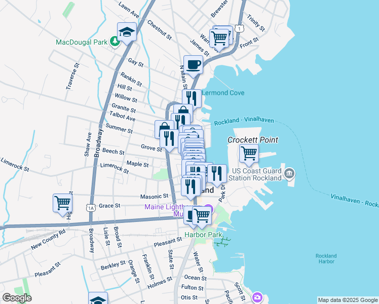map of restaurants, bars, coffee shops, grocery stores, and more near 488 Main Street in Rockland