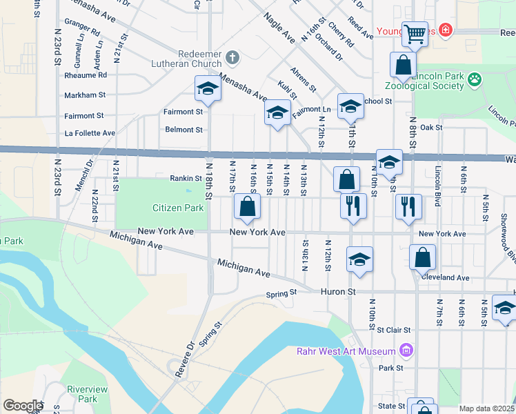 map of restaurants, bars, coffee shops, grocery stores, and more near 929 North 16th Street in Manitowoc
