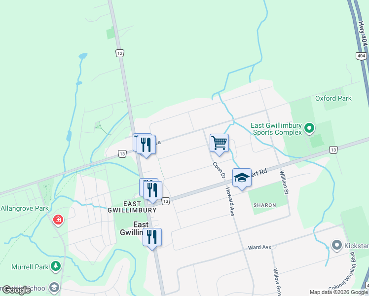 map of restaurants, bars, coffee shops, grocery stores, and more near 24 Sharon Boulevard in East Gwillimbury