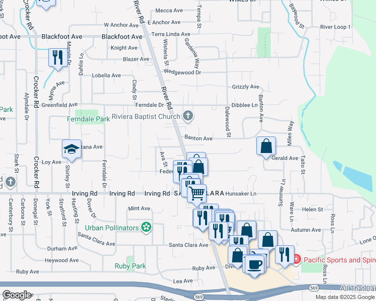 map of restaurants, bars, coffee shops, grocery stores, and more near 2951 River Road in Eugene