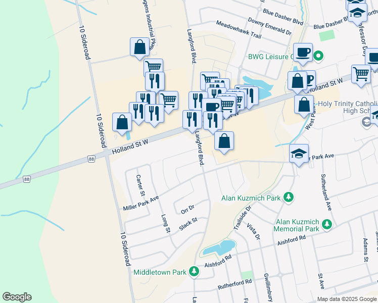 map of restaurants, bars, coffee shops, grocery stores, and more near Mooney Street in Bradford West Gwillimbury