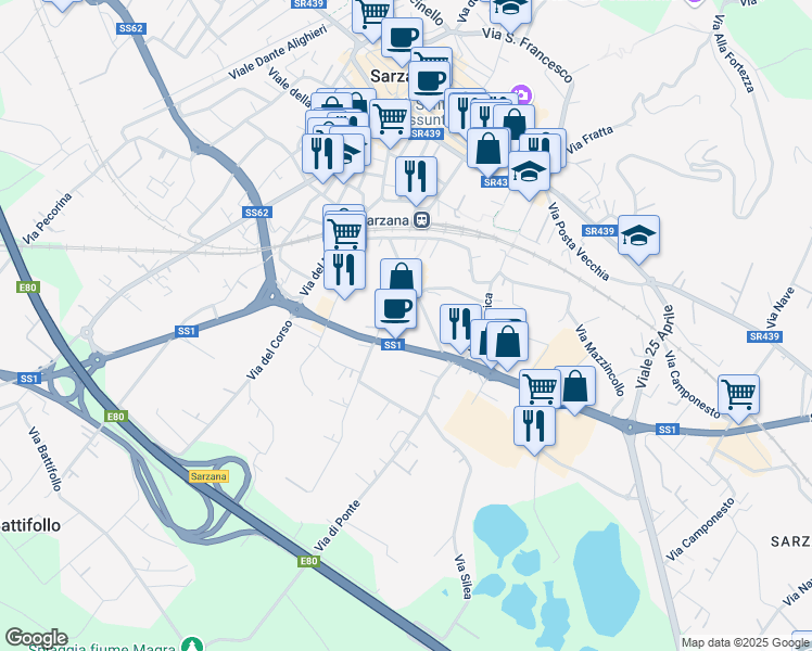 map of restaurants, bars, coffee shops, grocery stores, and more near 34 Via Privata Ghiggini in Sarzana