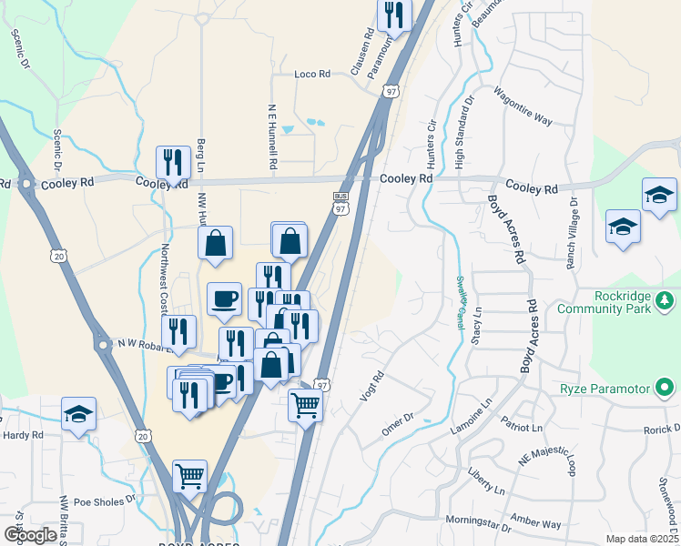 map of restaurants, bars, coffee shops, grocery stores, and more near 63520 North Highway 97 in Bend
