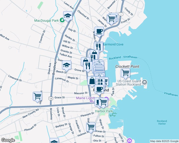 map of restaurants, bars, coffee shops, grocery stores, and more near 17 Lindsey Street in Rockland