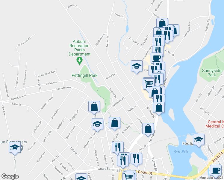 map of restaurants, bars, coffee shops, grocery stores, and more near 141 Winter Street in Auburn