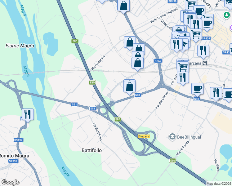 map of restaurants, bars, coffee shops, grocery stores, and more near 171A Via Brigata Partigiana Ugo Muccini in Sarzana